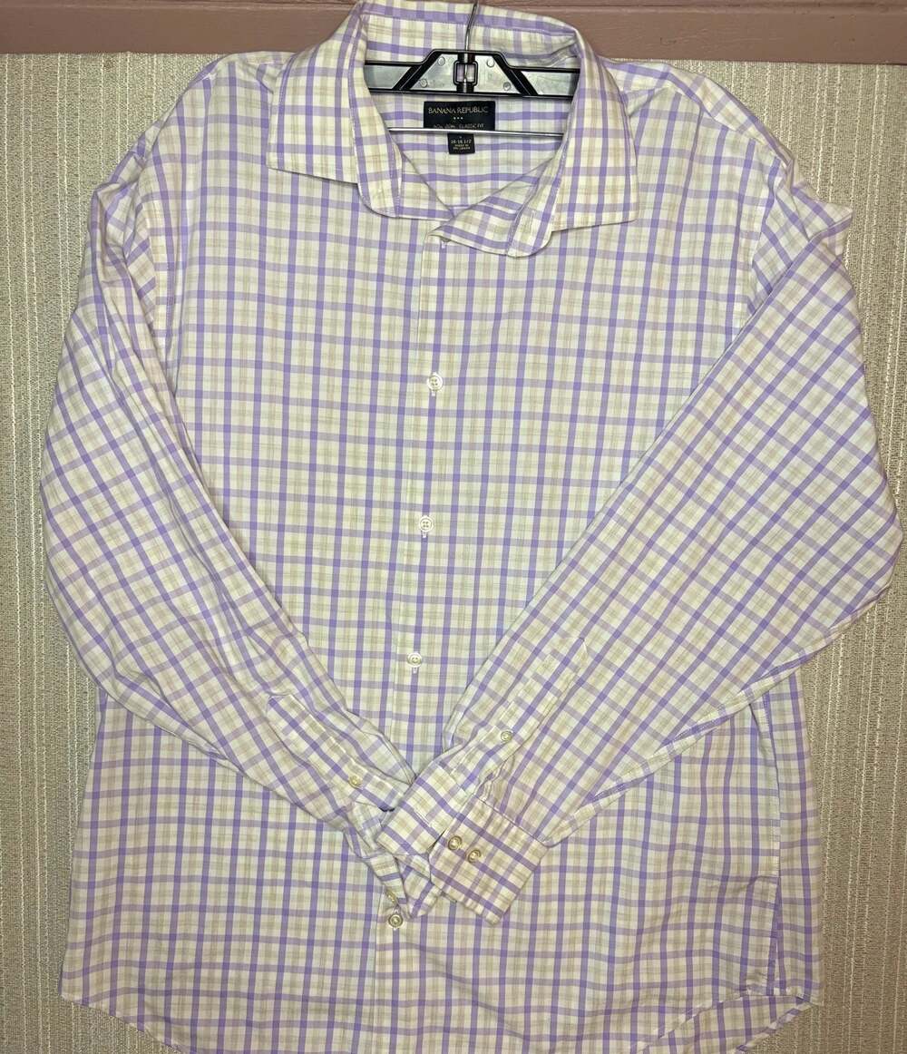 Banana Republic Non-Iron Classic Fit Purple and Tan Plaid Long Sleeve Dress Shir